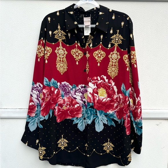 Chicos Blouse Top Reversible Floral Polka Dot  Button Up Long Sleeve Oriental - Picture 2 of 12